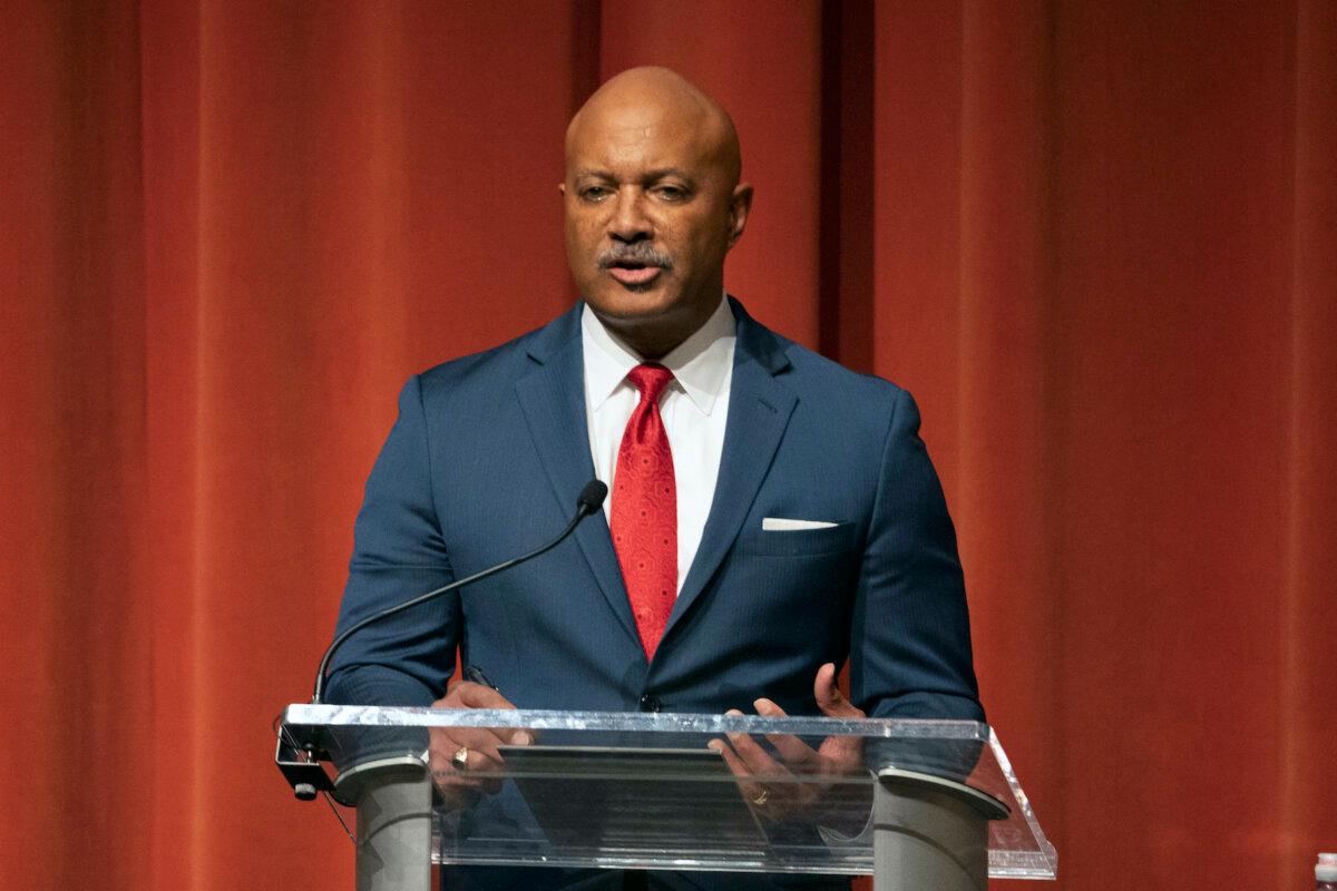 Curtis Hill speaks during a debate organized and hosted by the Indiana Debate Commission on April 23, 2024, in Indianapolis. (Darron Cummings/AP Photo)